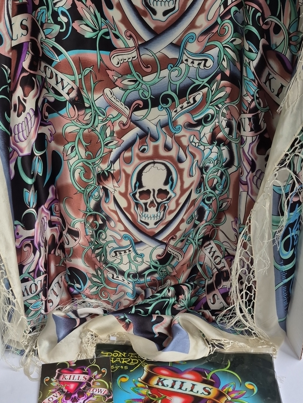 RARE Full Set Vintage Ed Hardy Love Kills Silk Scarf w/ Styling Booklet & Pouch